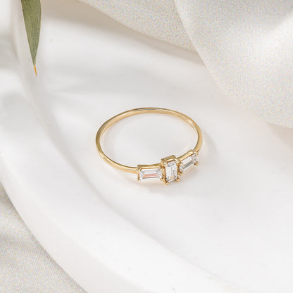 Three Stone Baguette Solid Gold Minimalist Stackable Ring