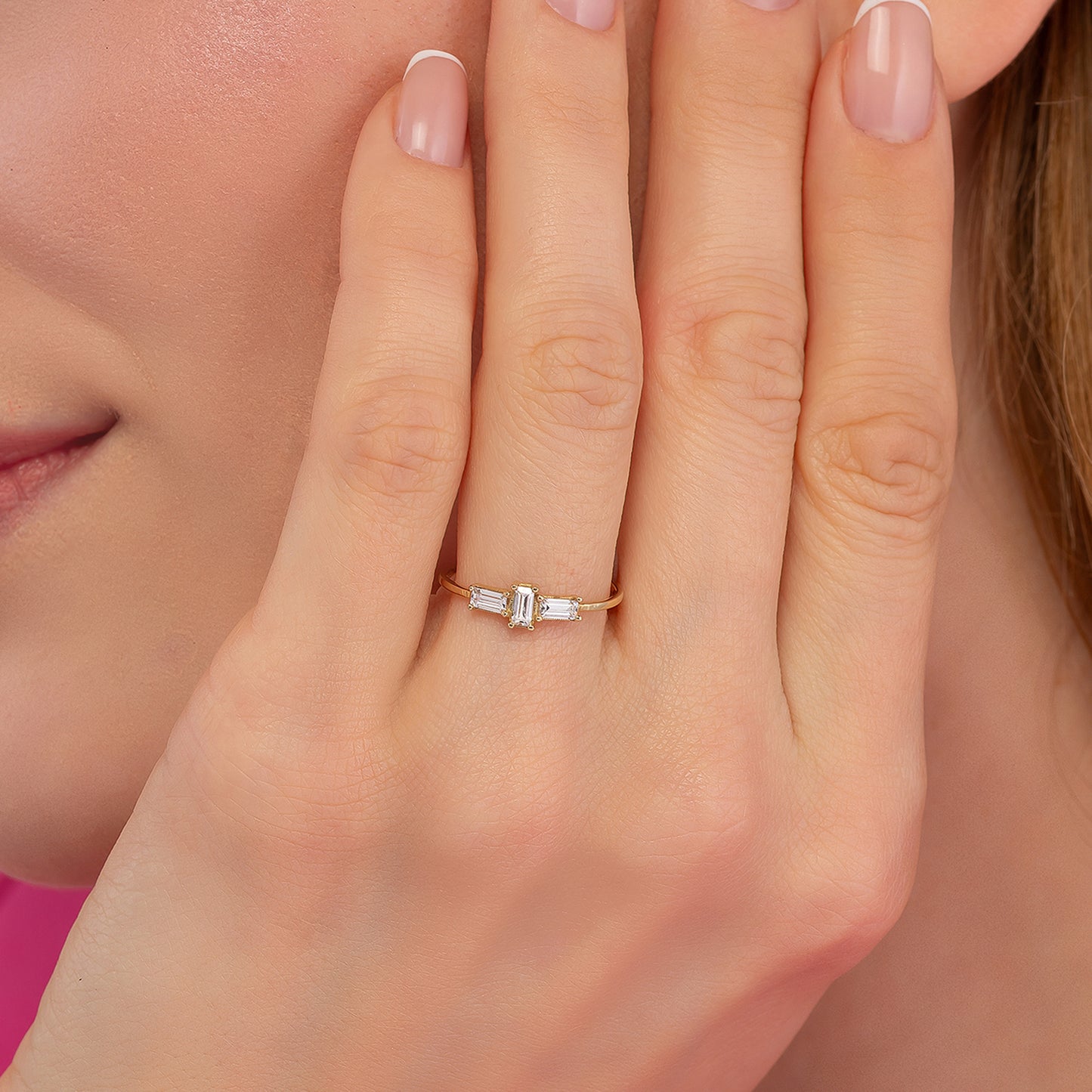Three Stone Baguette Solid Gold Minimalist Stackable Ring