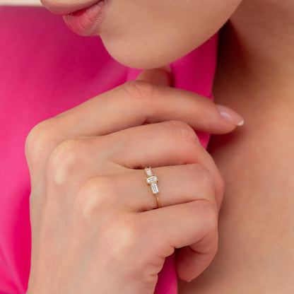 Three Stone Baguette Solid Gold Minimalist Stackable Ring