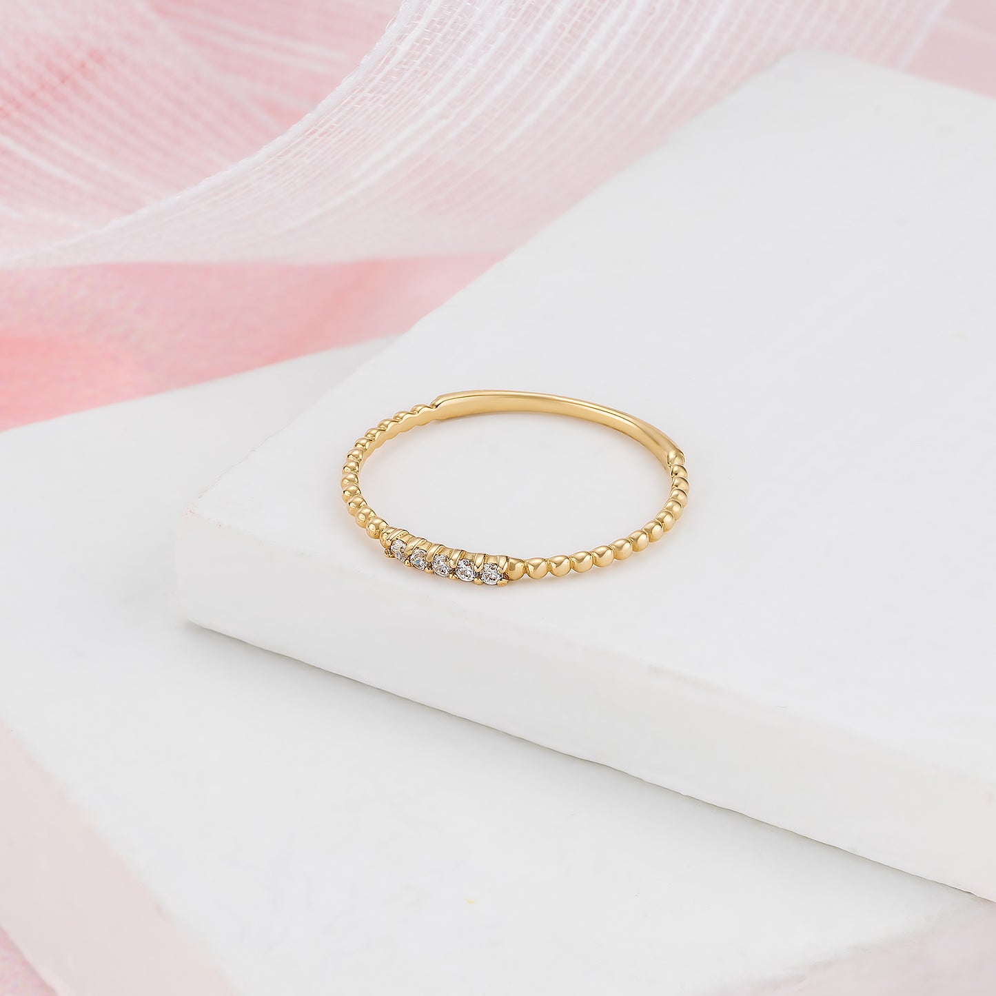 Diamond Beaded Solid Gold Ring