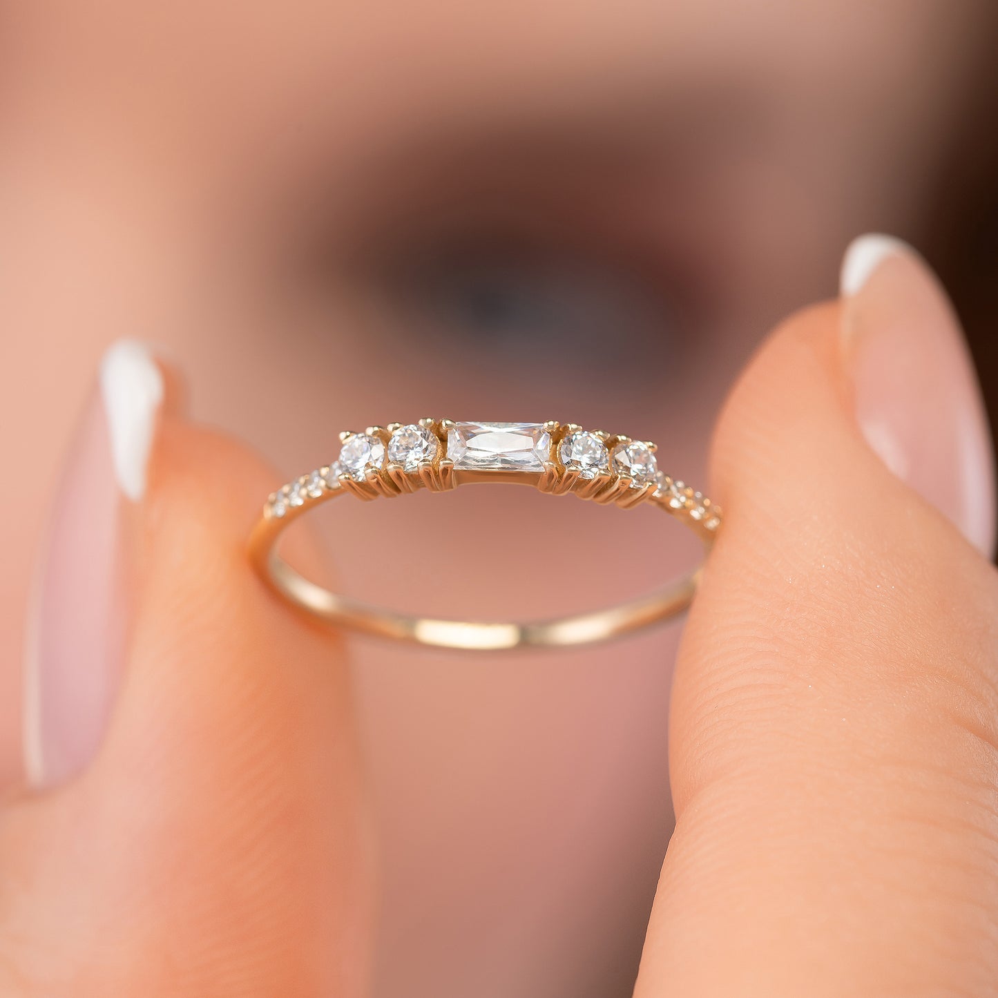 Baguette and Round Accent Solid Gold Ring