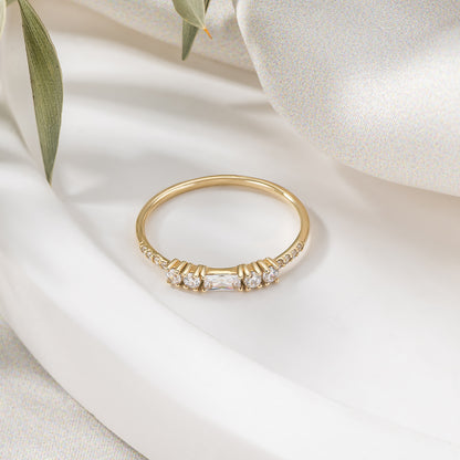 Baguette and Round Accent Solid Gold Ring
