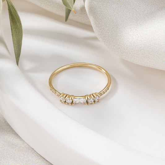 Baguette and Round Accent Solid Gold Ring