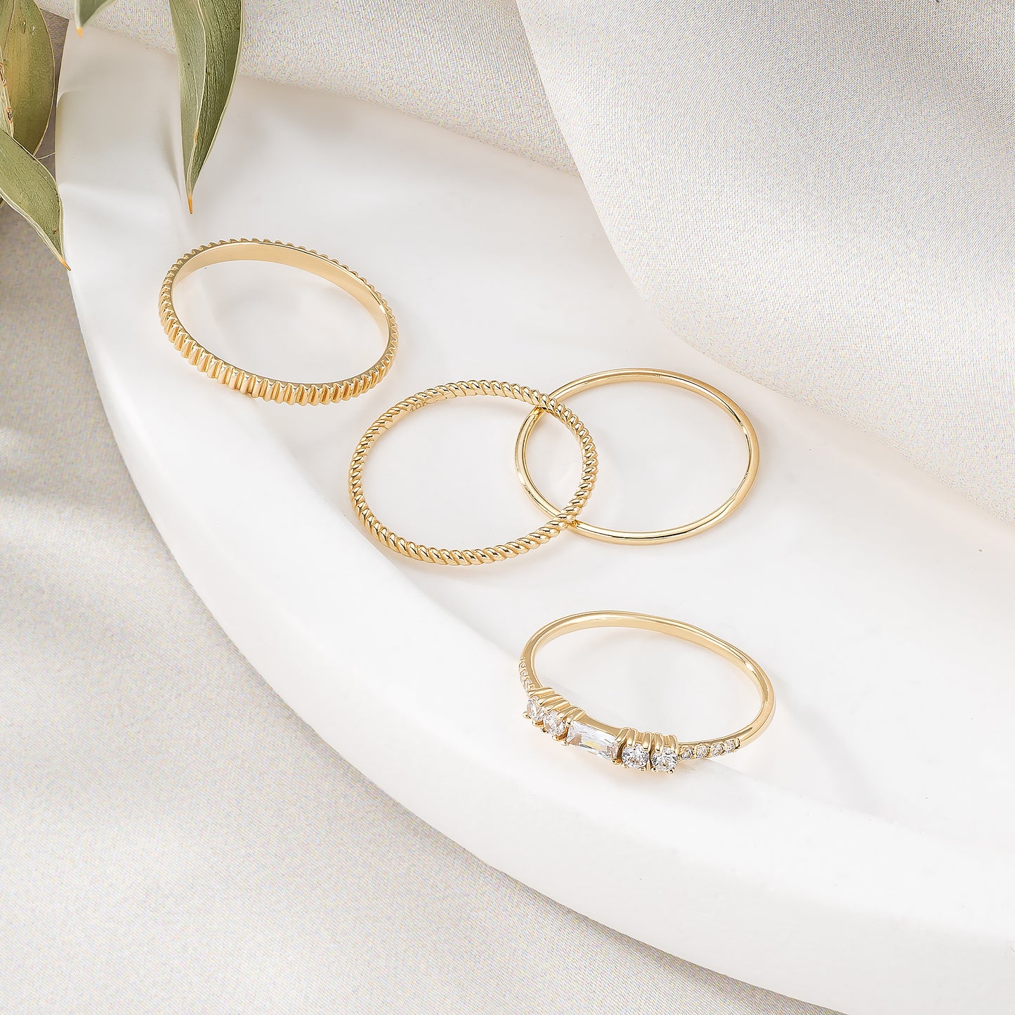 Baguette and Round Accent Solid Gold Ring
