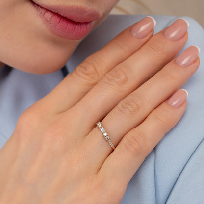 Baguette and Round Accent Solid Gold Ring