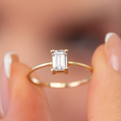 Emerald Cut Solitaire Solid Gold Engagement Ring