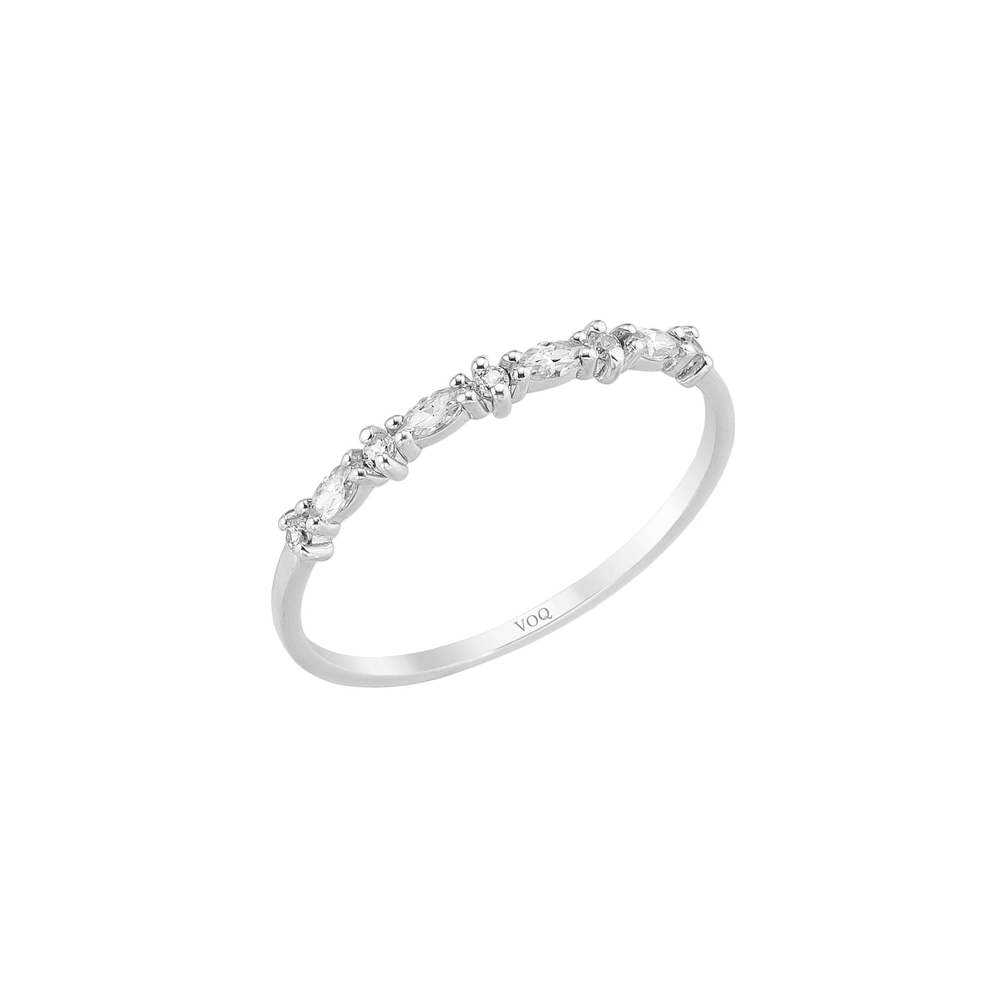A silver ring with a row of small diamonds or gemstones set in a band.