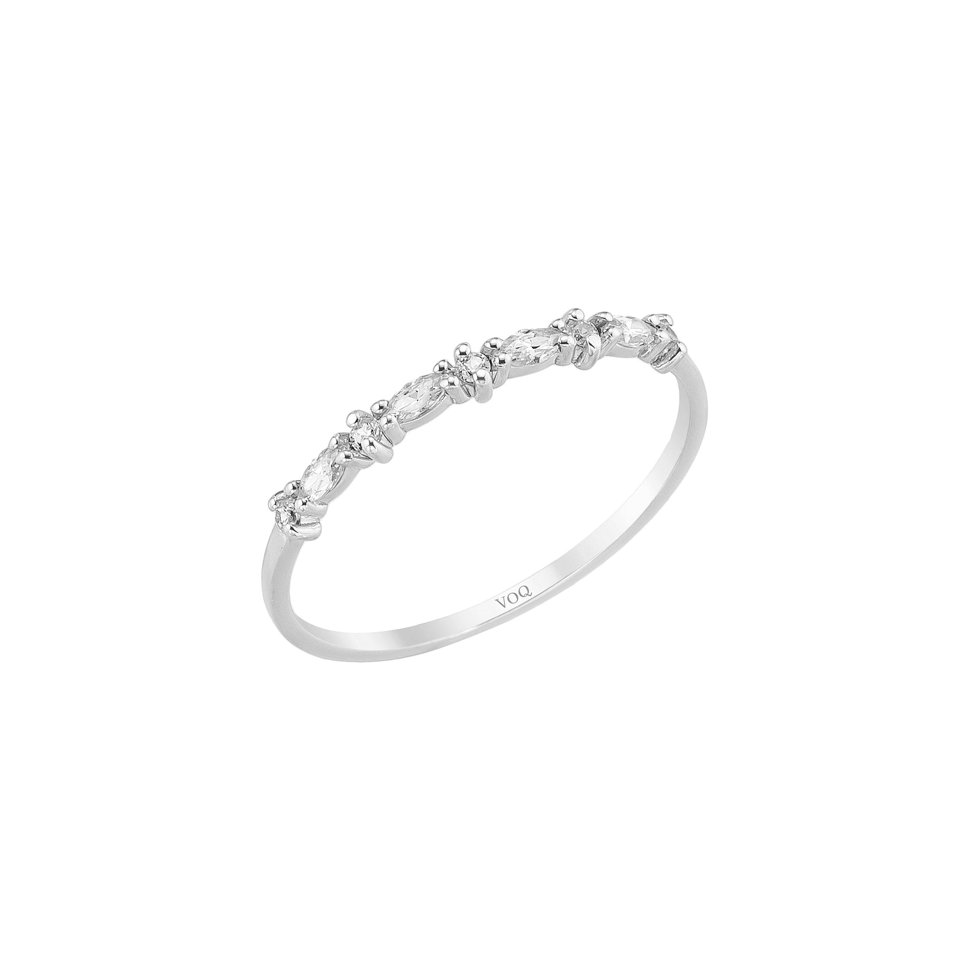 A silver ring with a row of small diamonds or gemstones set in a band.