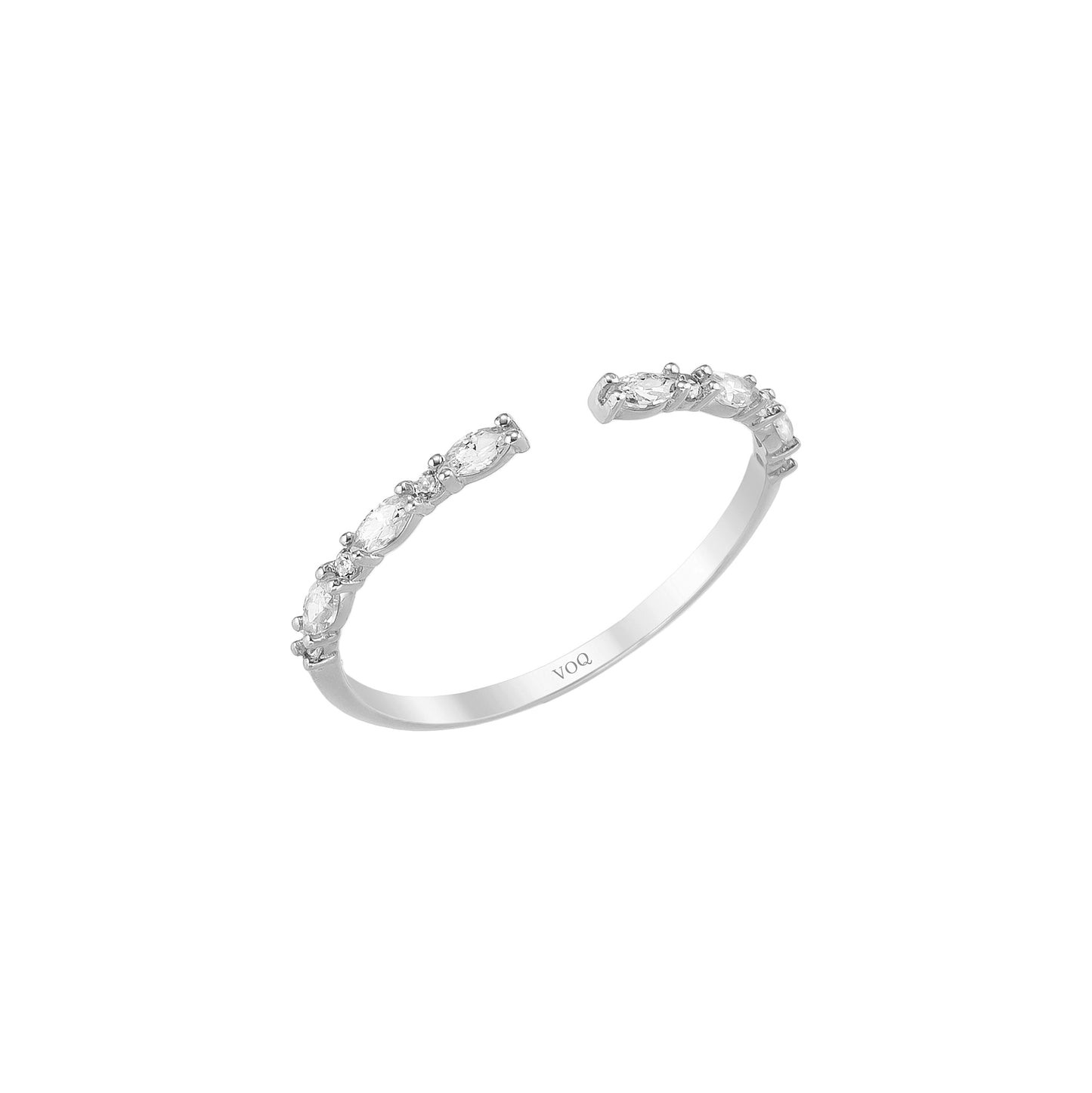 A silver ring with a row of small diamonds along the band.