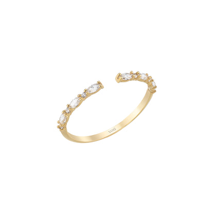 A gold ring with a row of small diamonds set in the band.