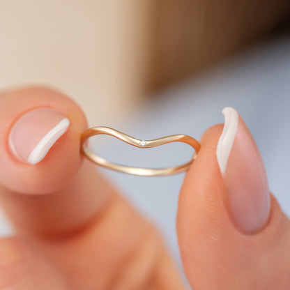 Curved Chevron Birthstone Solid Gold Ring