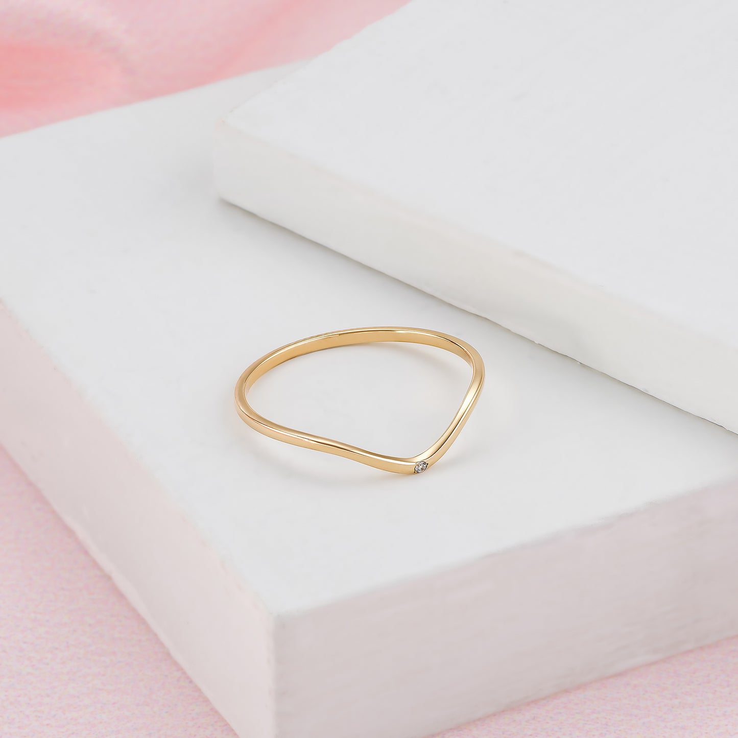 Curved Chevron Birthstone Solid Gold Ring