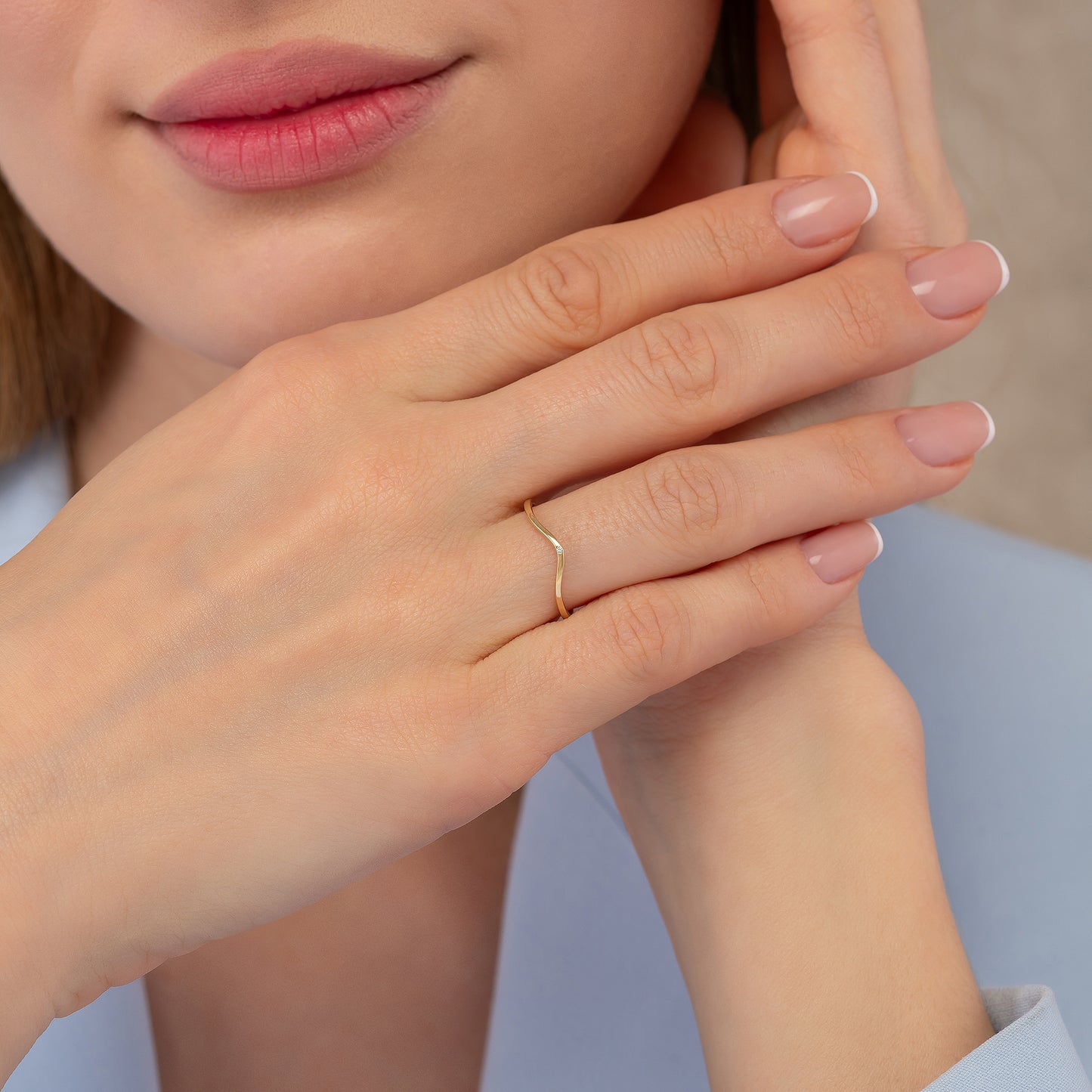 Curved Chevron Birthstone Solid Gold Ring