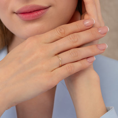 Curved Chevron Birthstone Solid Gold Ring