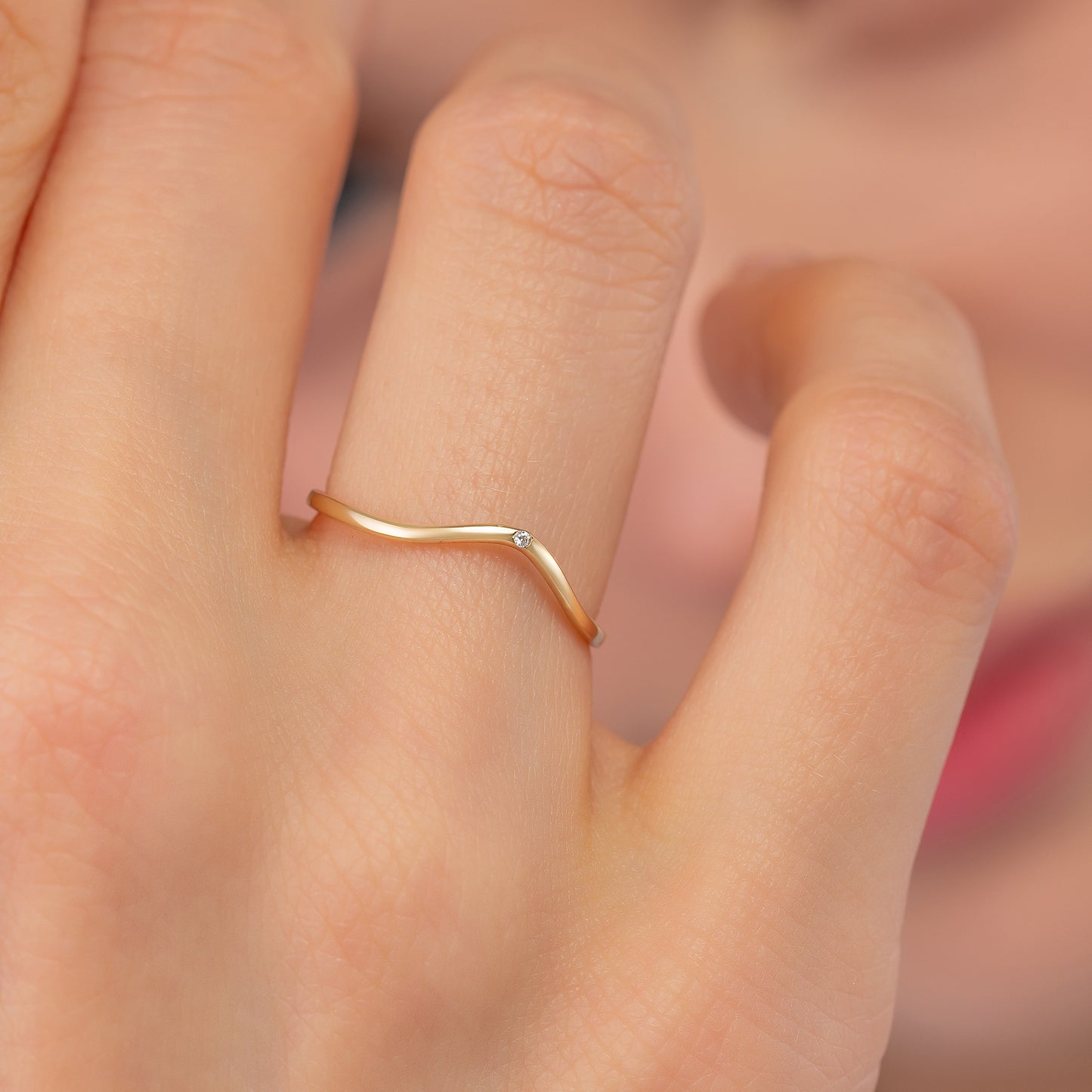 Curved Chevron Birthstone Solid Gold Ring
