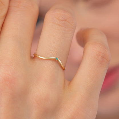 Curved Chevron Birthstone Solid Gold Ring