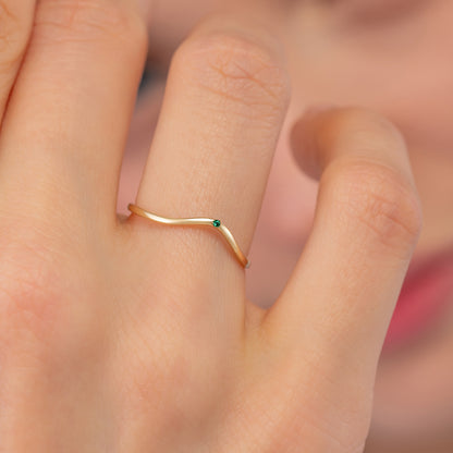 Curved Chevron Birthstone Solid Gold Ring