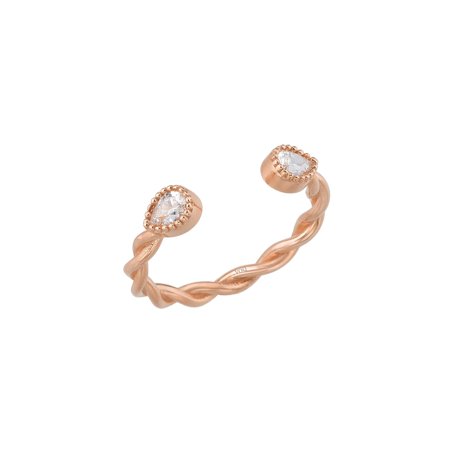 A gold-colored ring with a twisted design and two small, clear gemstones on either side.