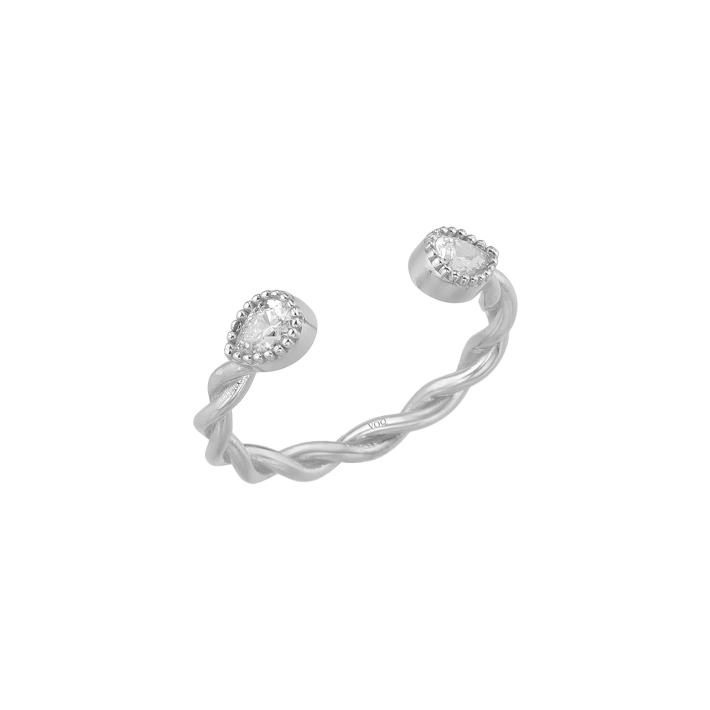 A silver ring with a twisted design and two small, clear gemstones on either side.