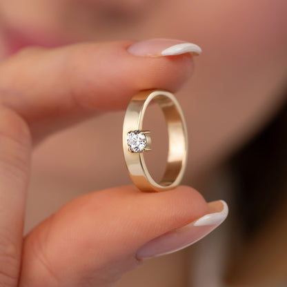 Wide Cigar Band Solitaire Solid Gold Ring