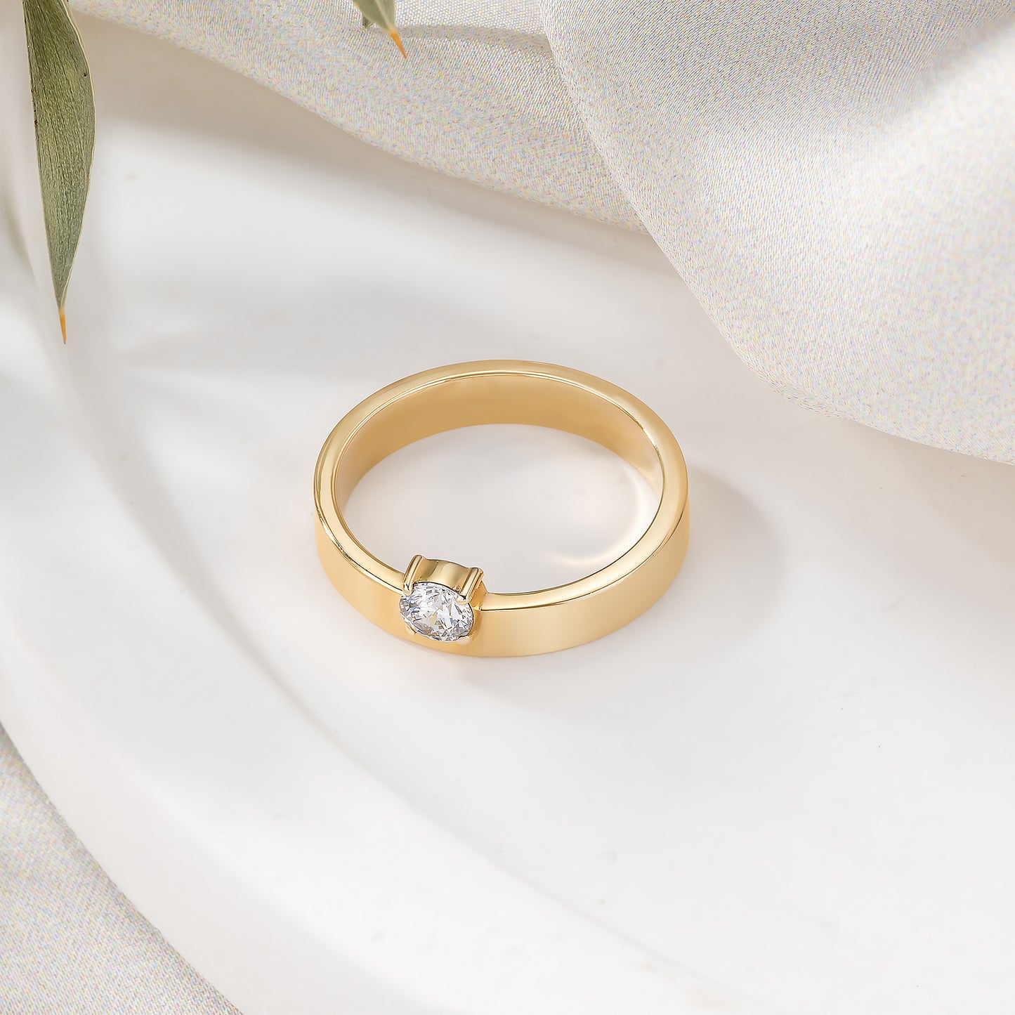 Wide Cigar Band Solitaire Solid Gold Ring