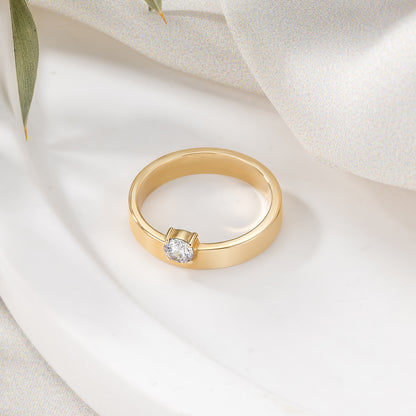 Wide Cigar Band Solitaire Solid Gold Ring