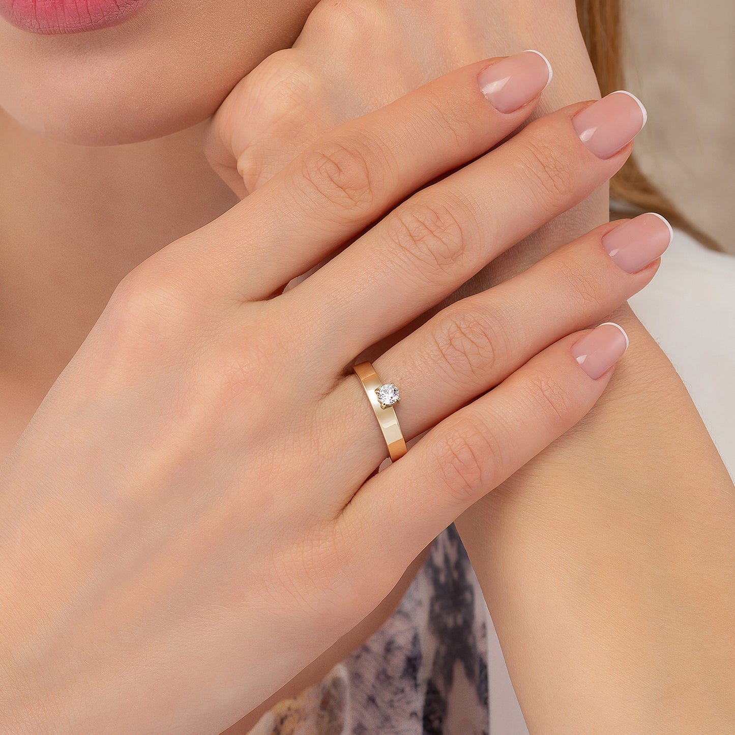 Wide Cigar Band Solitaire Solid Gold Ring