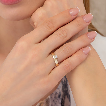 Wide Cigar Band Solitaire Solid Gold Ring