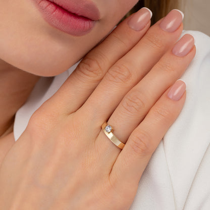 Wide Cigar Band Solitaire Solid Gold Ring