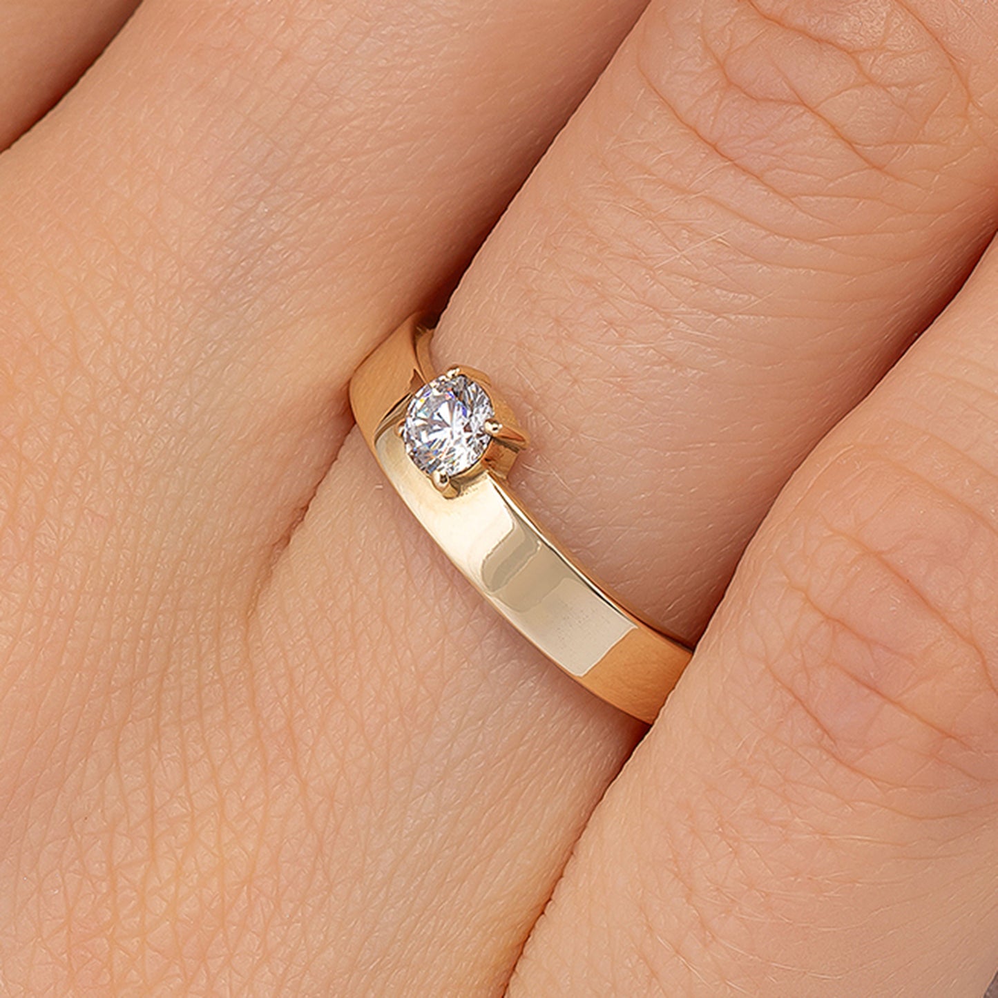 Wide Cigar Band Solitaire Solid Gold Ring