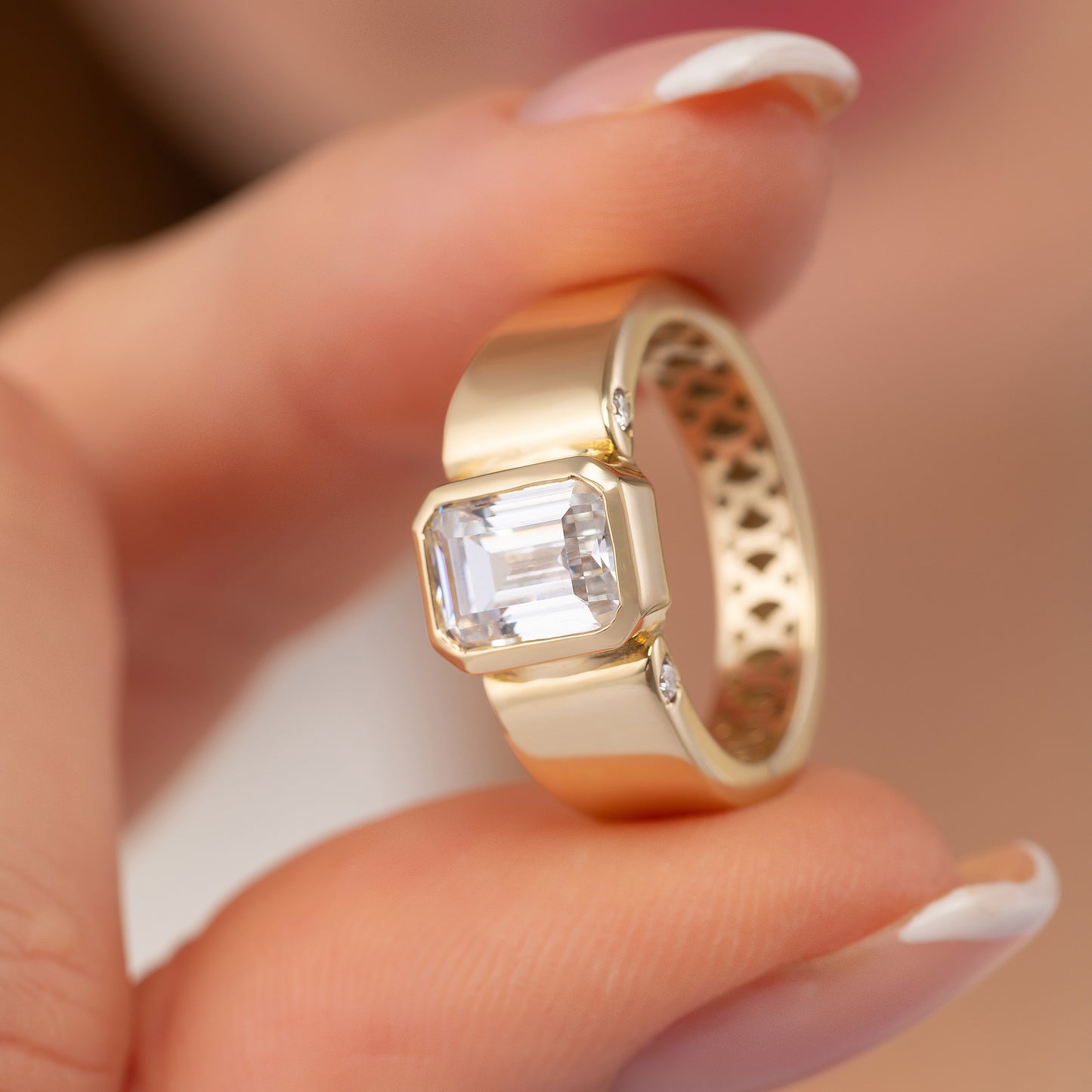 Emerald Cut Cigar Band Solid Gold Ring