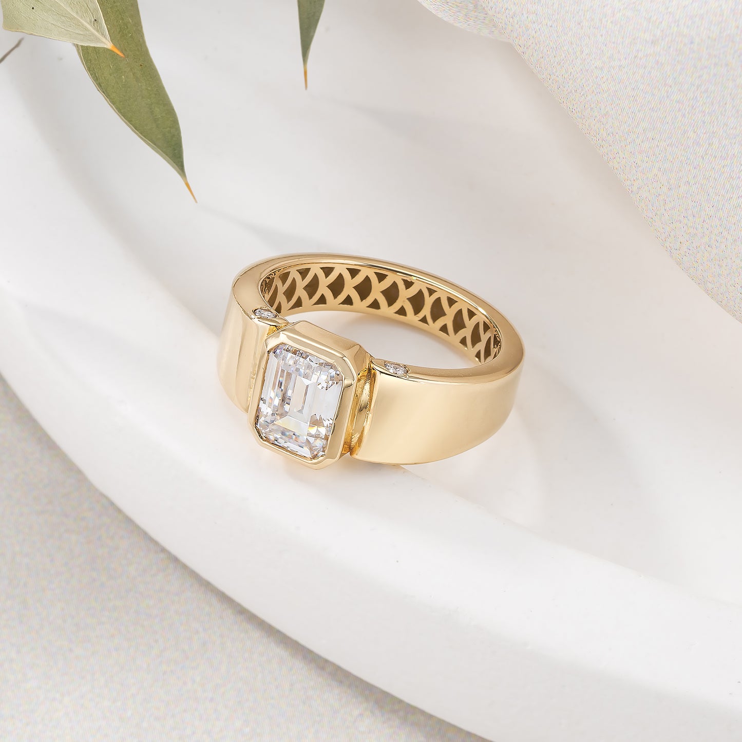 Emerald Cut Cigar Band Solid Gold Ring