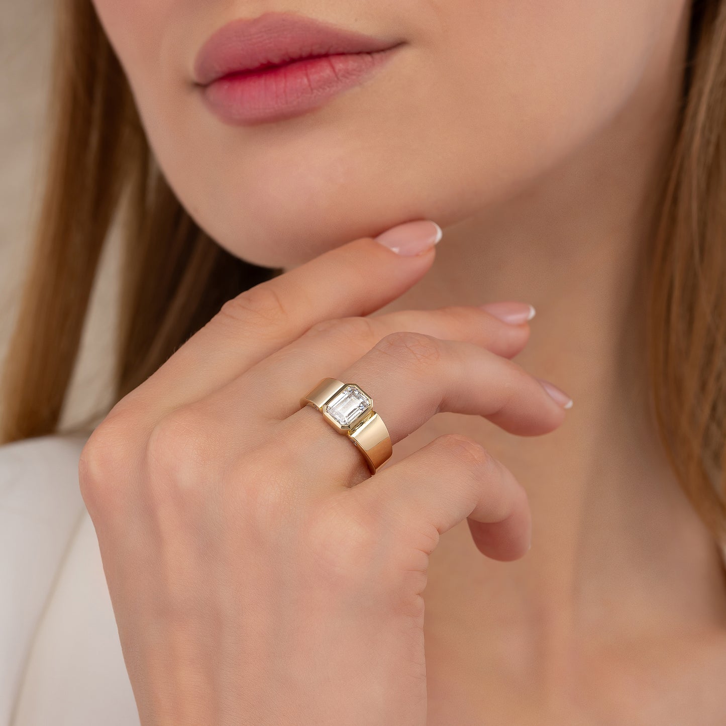 Emerald Cut Cigar Band Solid Gold Ring