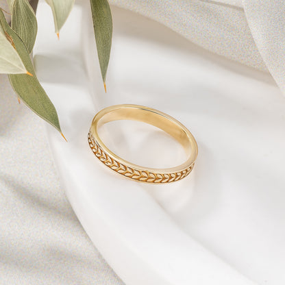 Wheat Leaf Engraved Solid Gold Band Ring