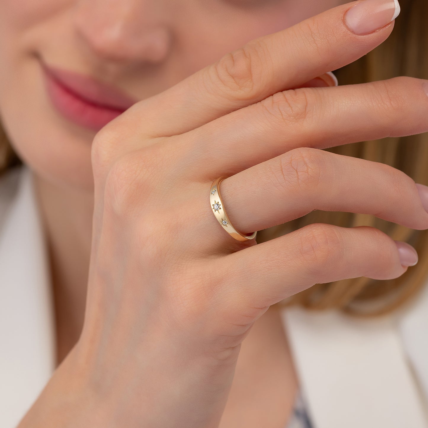 Three Stone Starburst Diamond Signet Ring