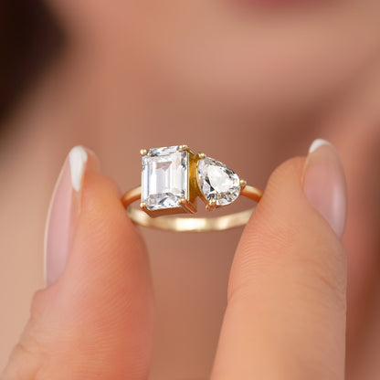 Toi Et Moi Ring - Emerald Cut & Pear Two Stone Solid Gold Band