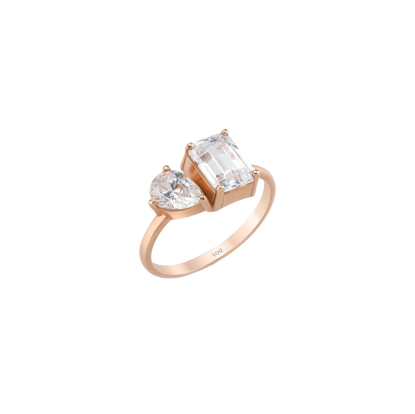Toi Et Moi Ring - Emerald Cut & Pear Two Stone Solid Gold Band