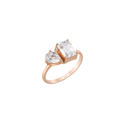 Toi Et Moi Ring - Emerald Cut & Pear Two Stone Solid Gold Band