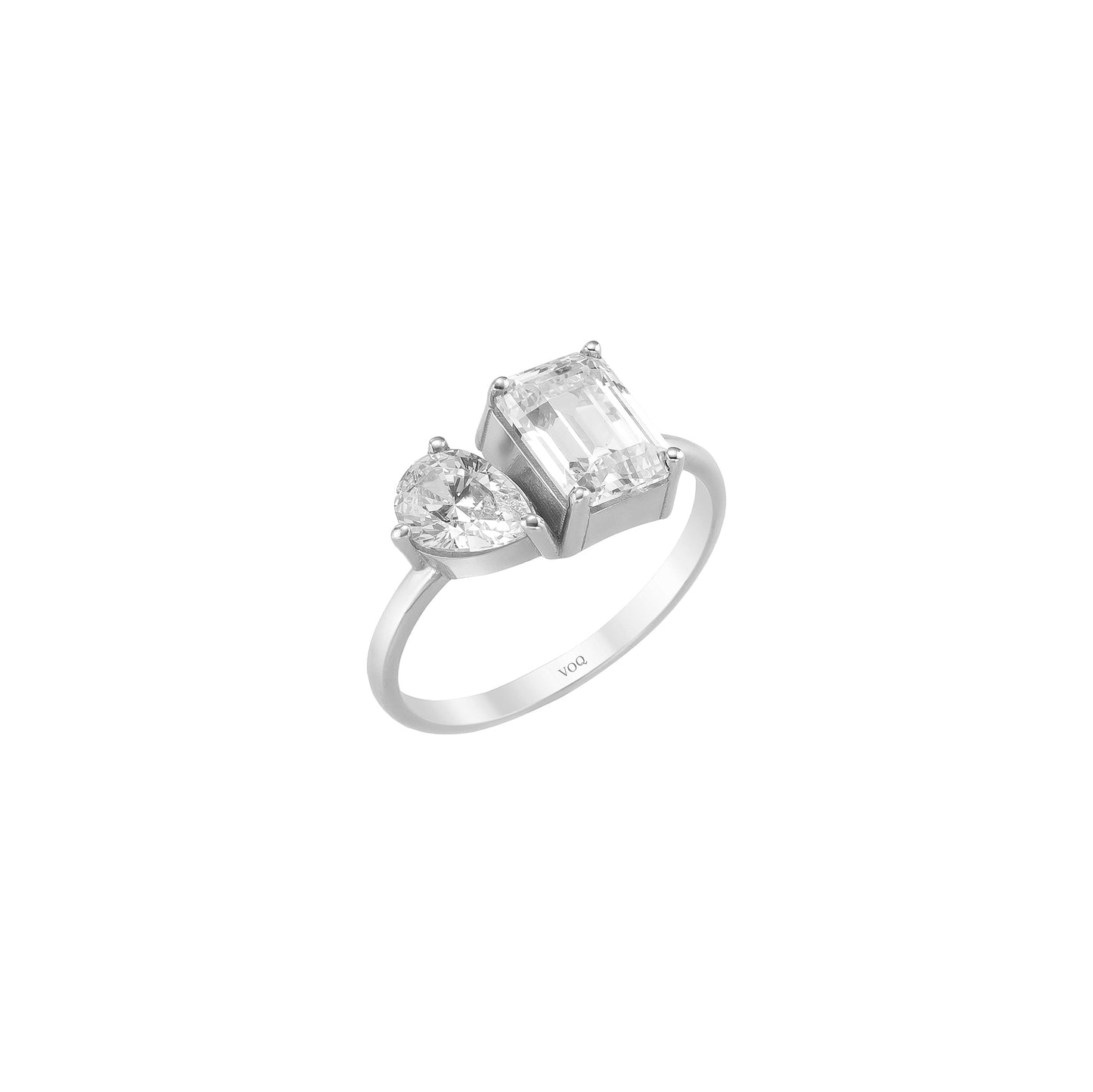 Toi Et Moi Ring - Emerald Cut & Pear Two Stone Solid Gold Band