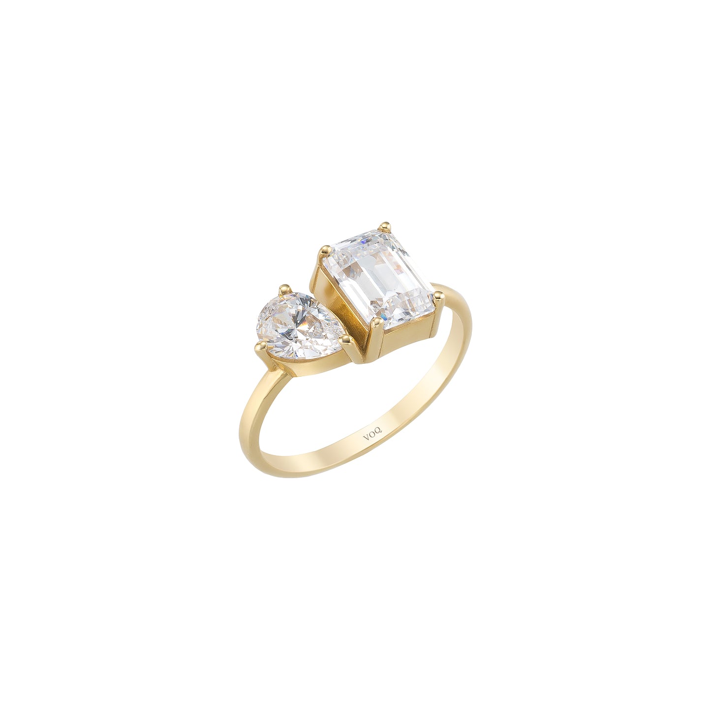 Toi Et Moi Ring - Emerald Cut & Pear Two Stone Solid Gold Band