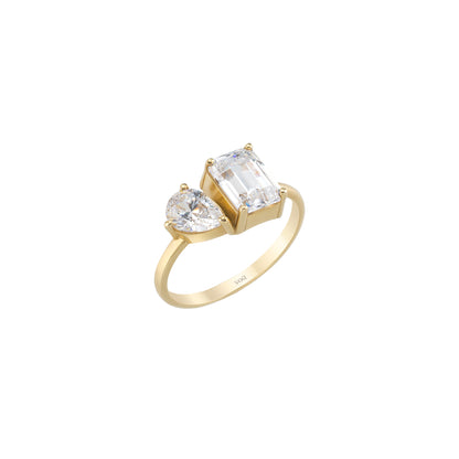Toi Et Moi Ring - Emerald Cut & Pear Two Stone Solid Gold Band