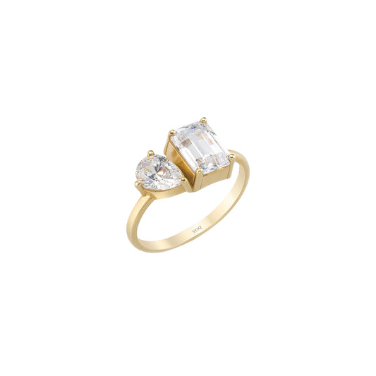 Toi Et Moi Ring - Emerald Cut & Pear Two Stone Solid Gold Band