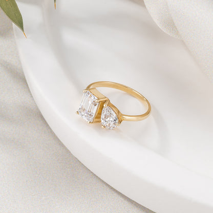 Toi Et Moi Ring - Emerald Cut & Pear Two Stone Solid Gold Band