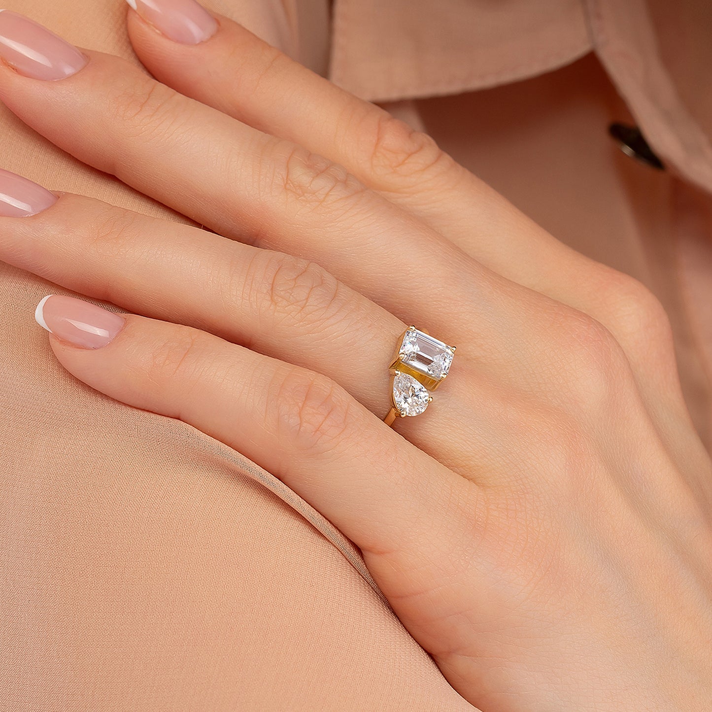 Toi Et Moi Ring - Emerald Cut & Pear Two Stone Solid Gold Band