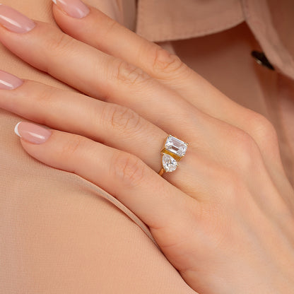 Toi Et Moi Ring - Emerald Cut & Pear Two Stone Solid Gold Band