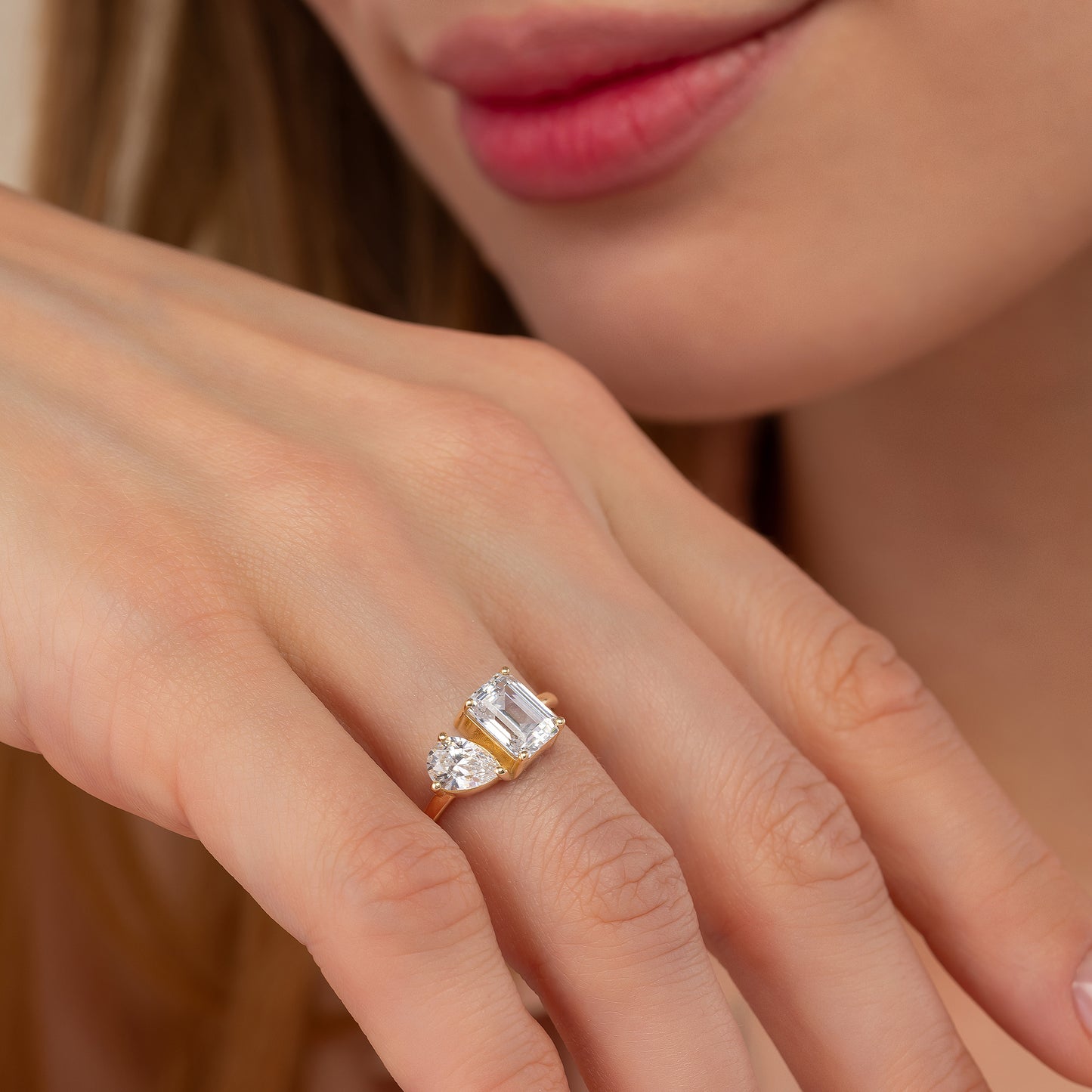 Toi Et Moi Ring - Emerald Cut & Pear Two Stone Solid Gold Band