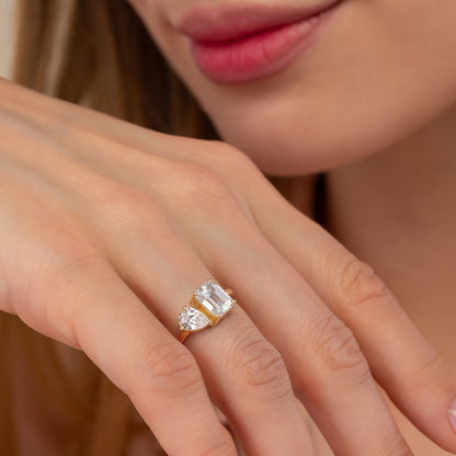Toi Et Moi Ring - Emerald Cut & Pear Two Stone Solid Gold Band
