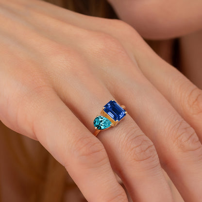 Toi Et Moi Ring - Emerald Cut & Pear Two Stone Solid Gold Band