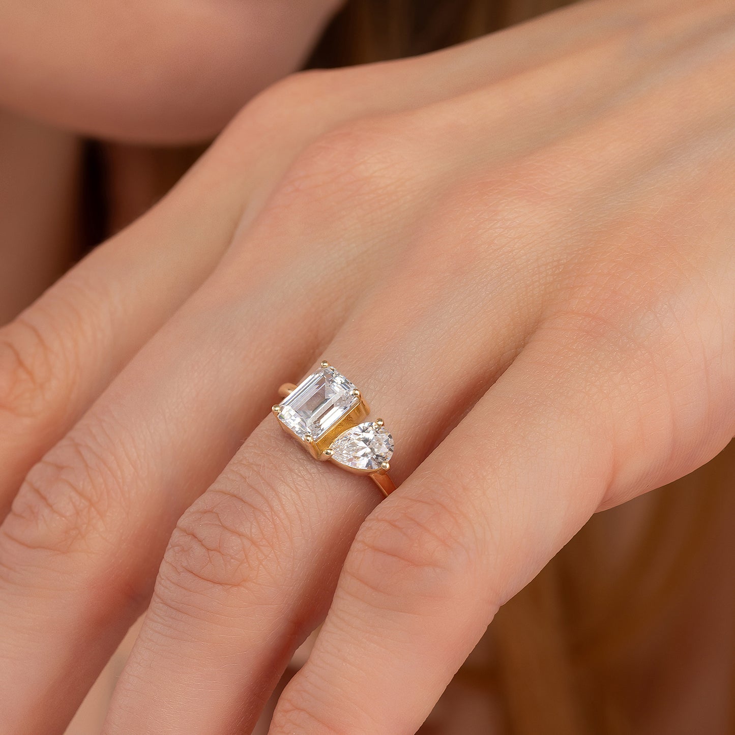 Toi Et Moi Ring - Emerald Cut & Pear Two Stone Solid Gold Band