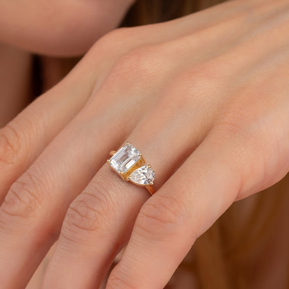 Toi Et Moi Ring - Emerald Cut & Pear Two Stone Solid Gold Band